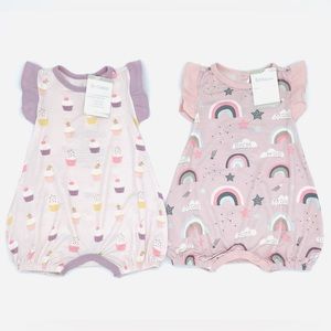 NWT Bestaroo Flutter Sleeve Bubble Romper Bundle Rainbow & Cupcakes in Pink 3-6M
